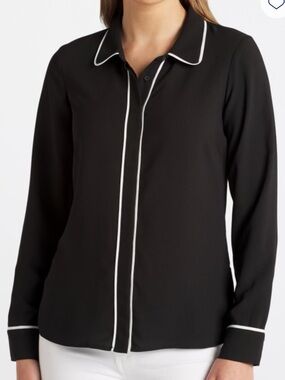 Black Button-Down Shirt with White Piped Trim